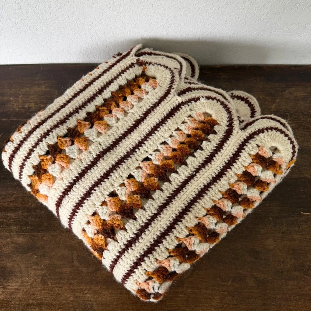 Vintage Crochet Afghan Throw‎ Blanket Boho Striped Handmade 47x49 Retro
